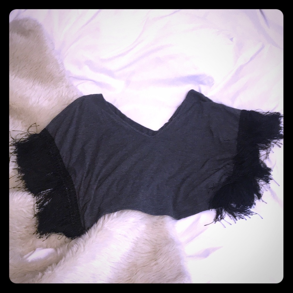 fringe sleeve dark grey crop top